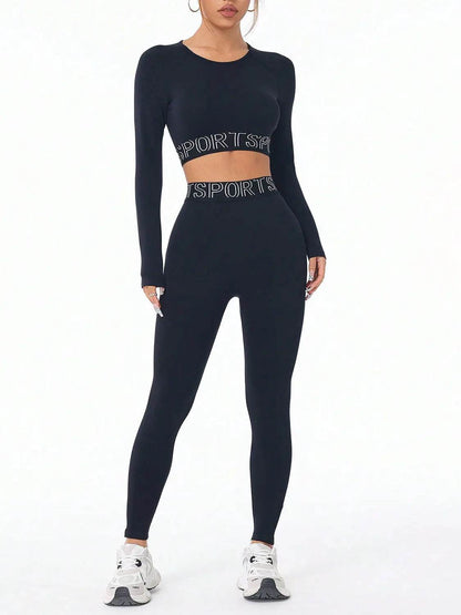 Letter Print Round Neck Long Sleeve Top and Leggings Active Set - Velveta Studio