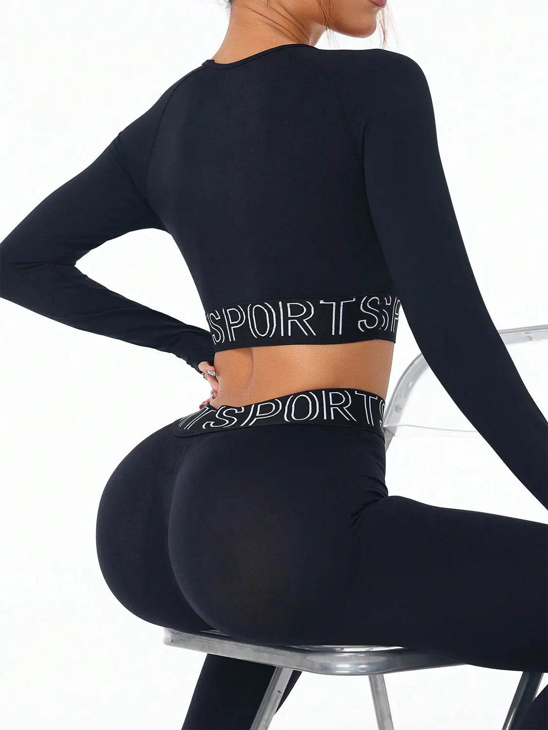 Letter Print Round Neck Long Sleeve Top and Leggings Active Set - Velveta Studio