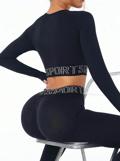 Letter Print Round Neck Long Sleeve Top and Leggings Active Set - Velveta Studio