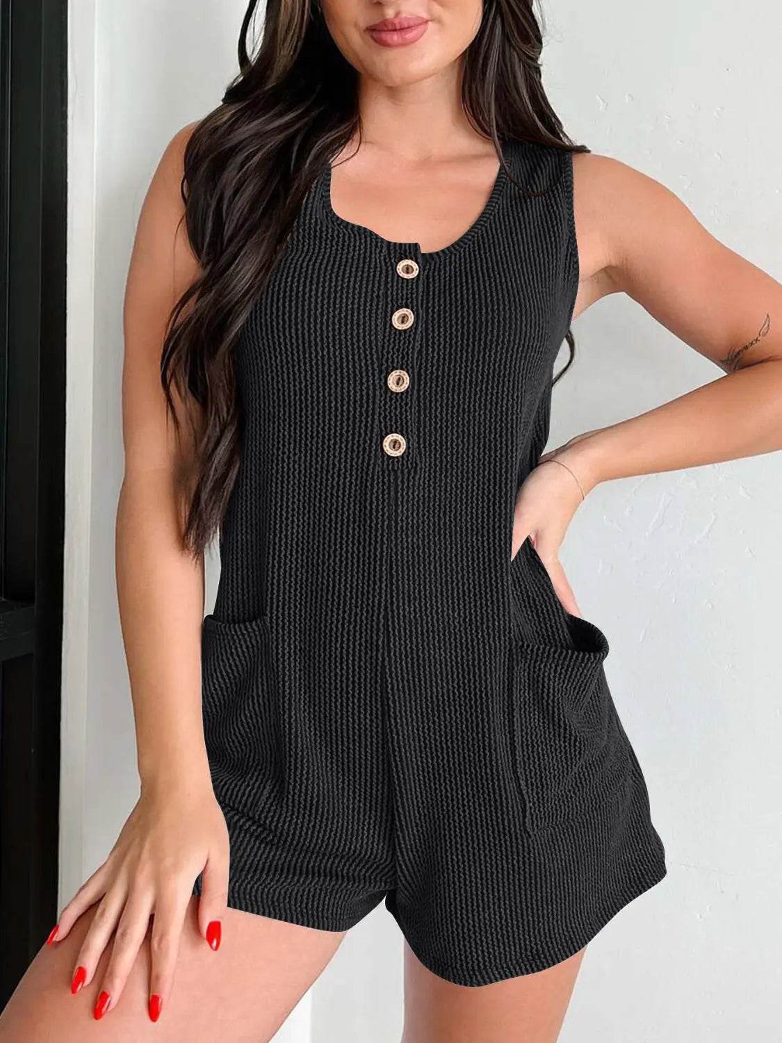Lovelet Texture Wide Strap Romper with Pockets - Velveta Studio