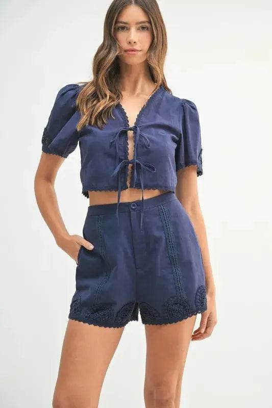 MABLE Crochet Lace Detail Crop Top and Shorts Set - Velveta Studio