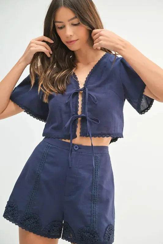 MABLE Crochet Lace Detail Crop Top and Shorts Set - Velveta Studio