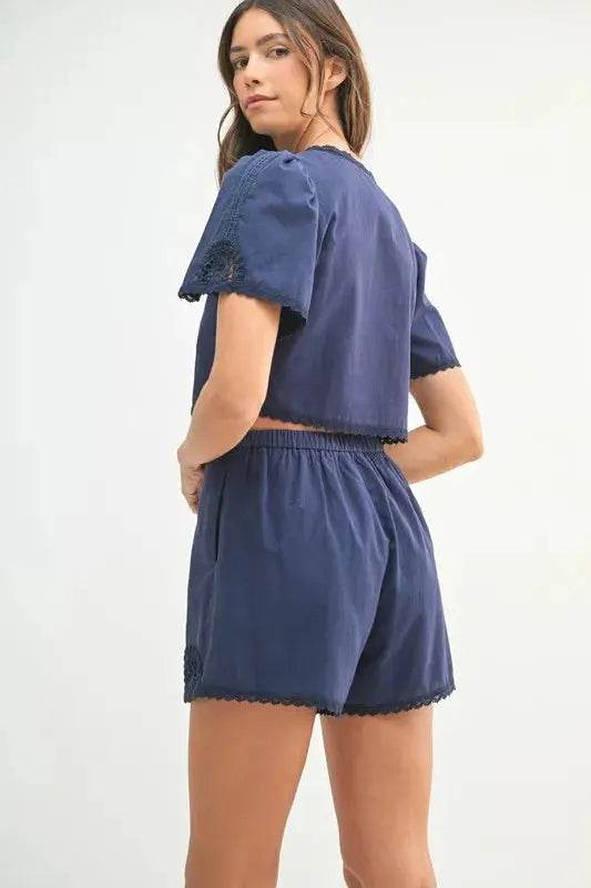 MABLE Crochet Lace Detail Crop Top and Shorts Set - Velveta Studio