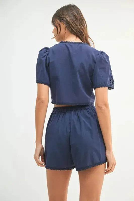 MABLE Crochet Lace Detail Crop Top and Shorts Set - Velveta Studio