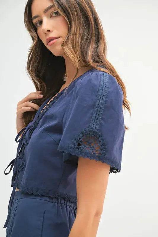 MABLE Crochet Lace Detail Crop Top and Shorts Set - Velveta Studio