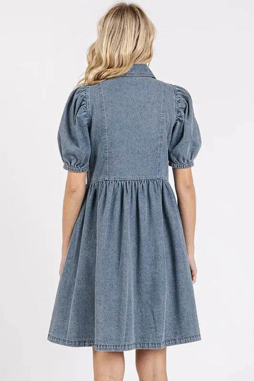 Mittoshop Button Down Puff Sleeve Denim Dress - Velveta Studio