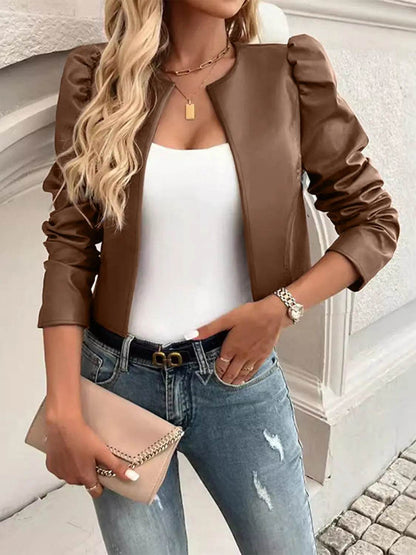 PU Leather Open Front Puff Sleeve Jacket - Velveta Studio