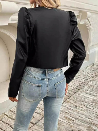 PU Leather Open Front Puff Sleeve Jacket - Velveta Studio