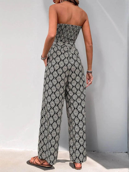 Perfee Printed Smocked Sleeveless Jumpsuit - Velveta Studio