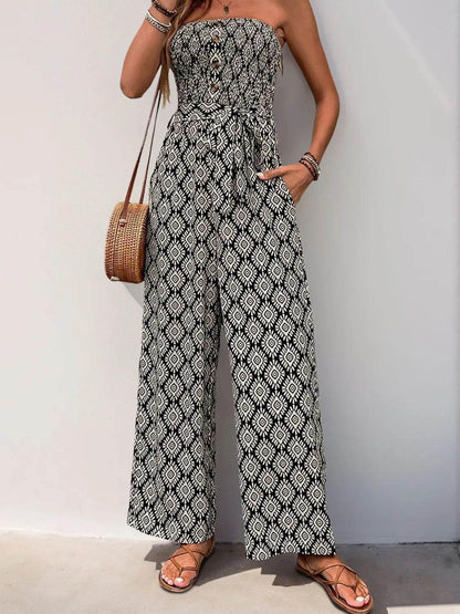 Perfee Printed Smocked Sleeveless Jumpsuit - Velveta Studio
