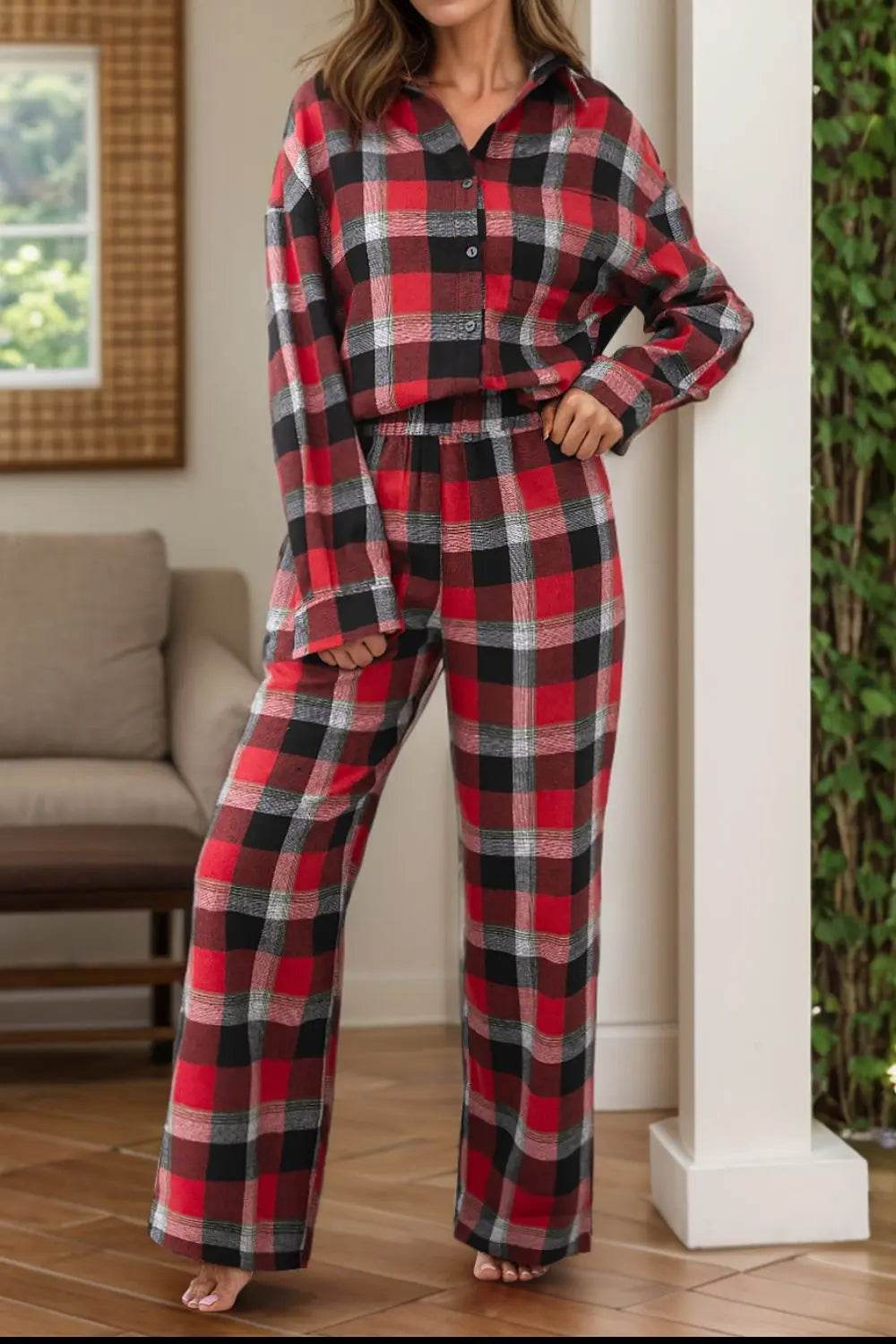 Plaid Long Sleeve Top and Pants Lounge Set - Velveta Studio