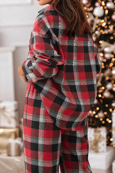 Plaid Long Sleeve Top and Pants Lounge Set - Velveta Studio