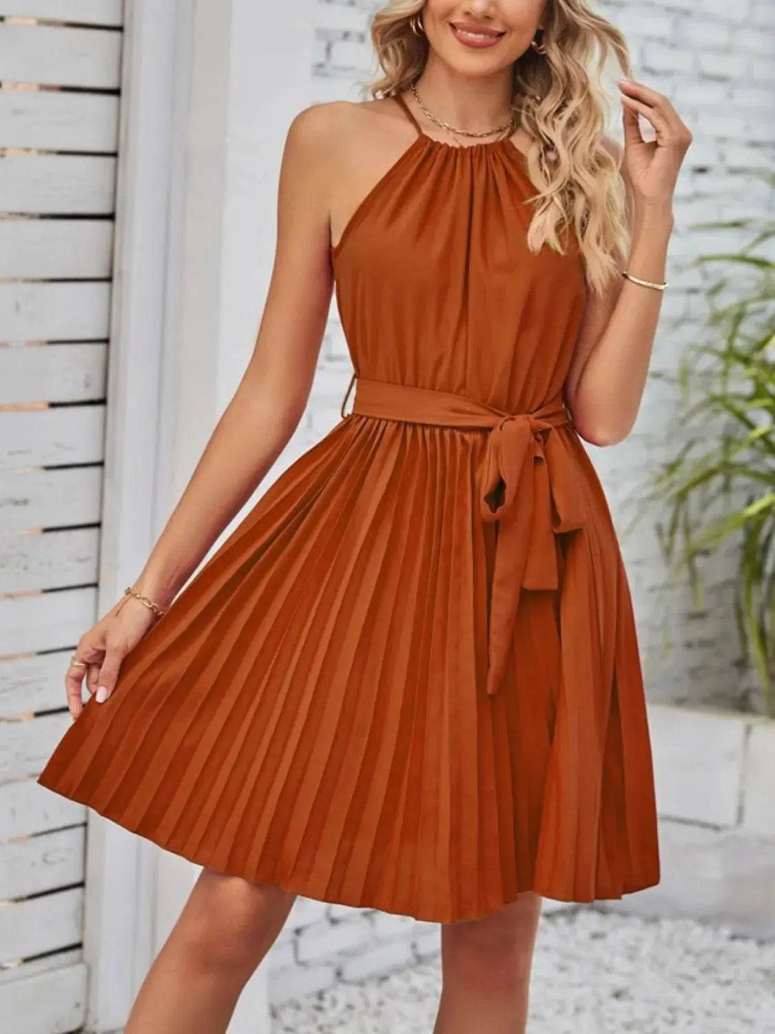 Pleated Tie Waist Sleeveless Mini Dress - Velveta Studio