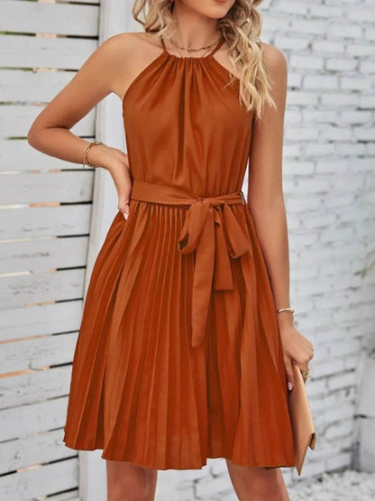 Pleated Tie Waist Sleeveless Mini Dress - Velveta Studio