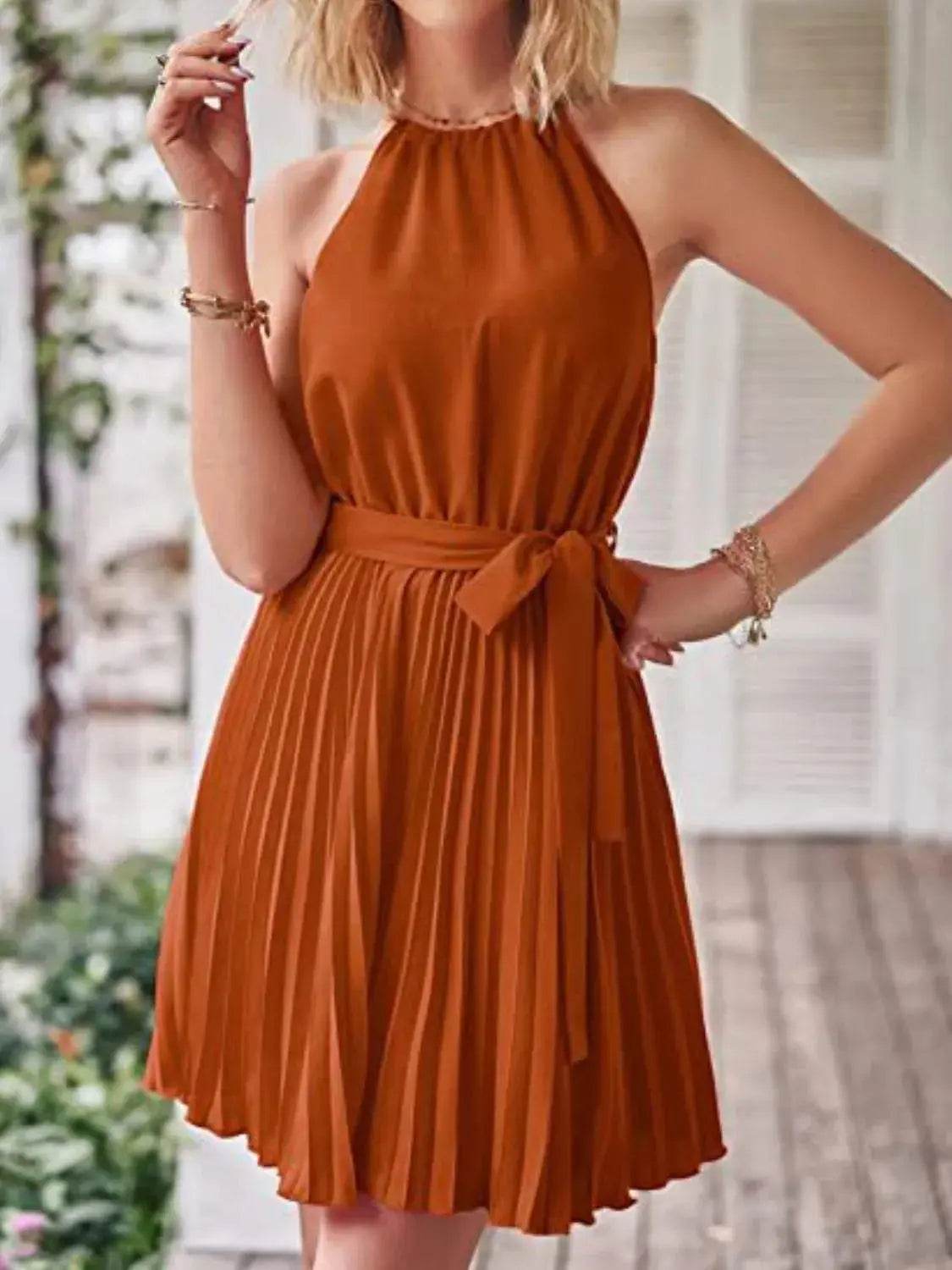 Pleated Tie Waist Sleeveless Mini Dress - Velveta Studio