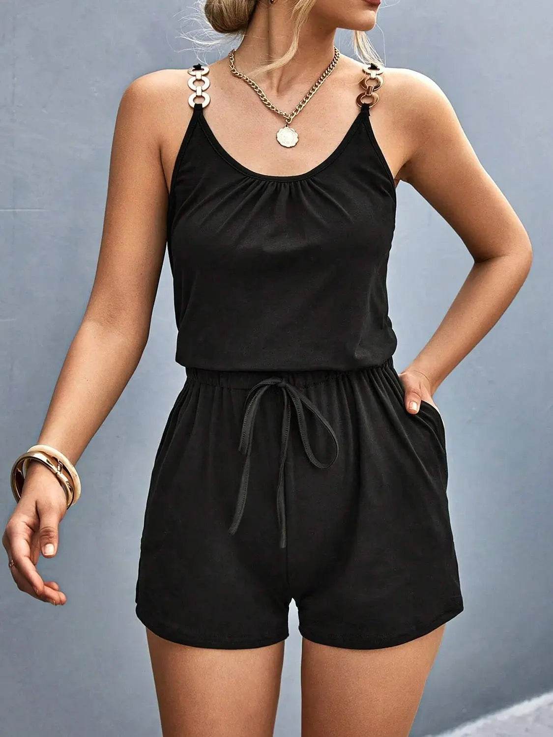 Pocketed Buckle Trim Scoop Neck Romper - Velveta Studio