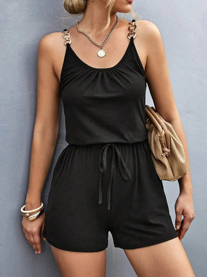 Pocketed Buckle Trim Scoop Neck Romper - Velveta Studio