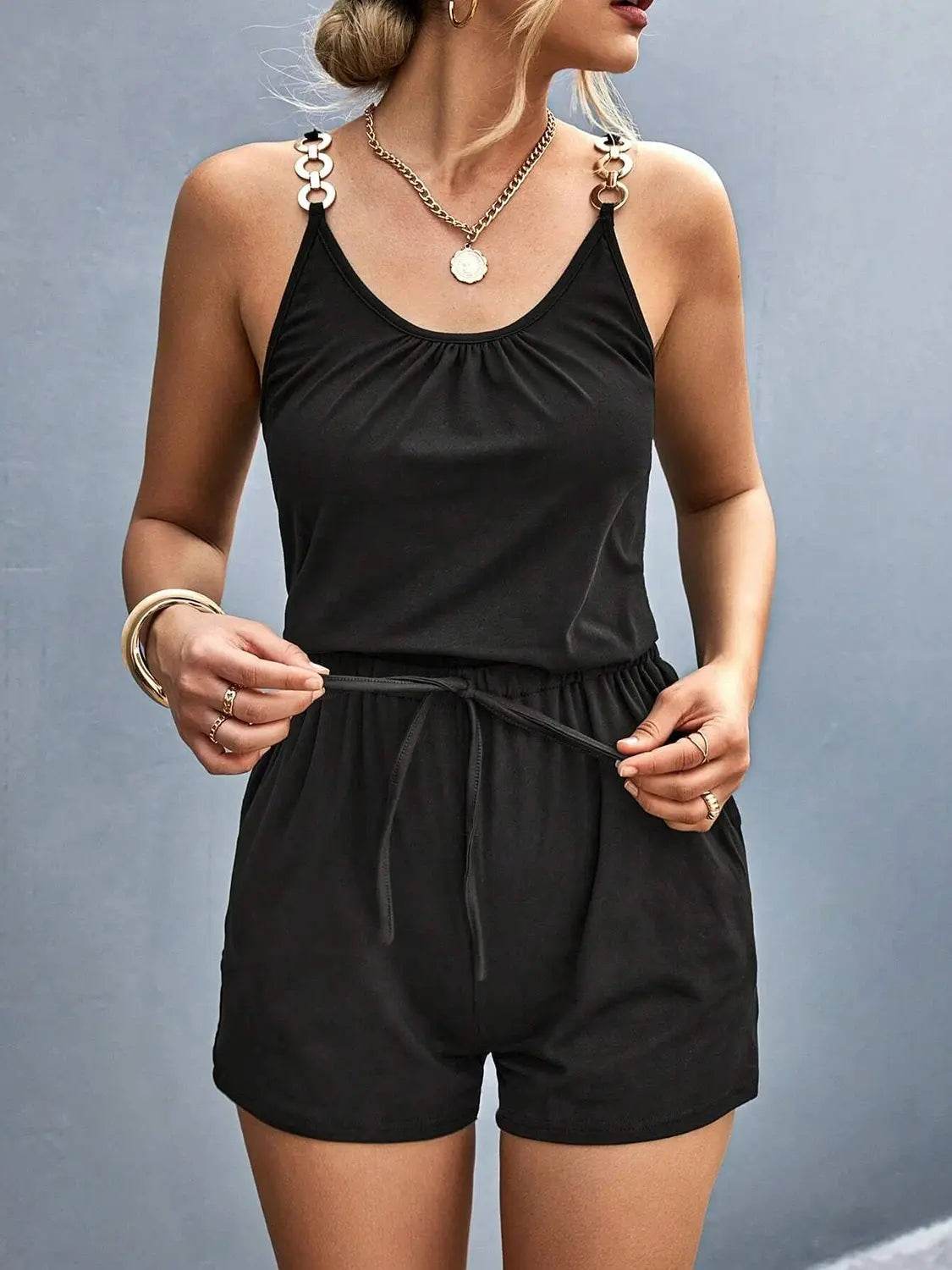 Pocketed Buckle Trim Scoop Neck Romper - Velveta Studio