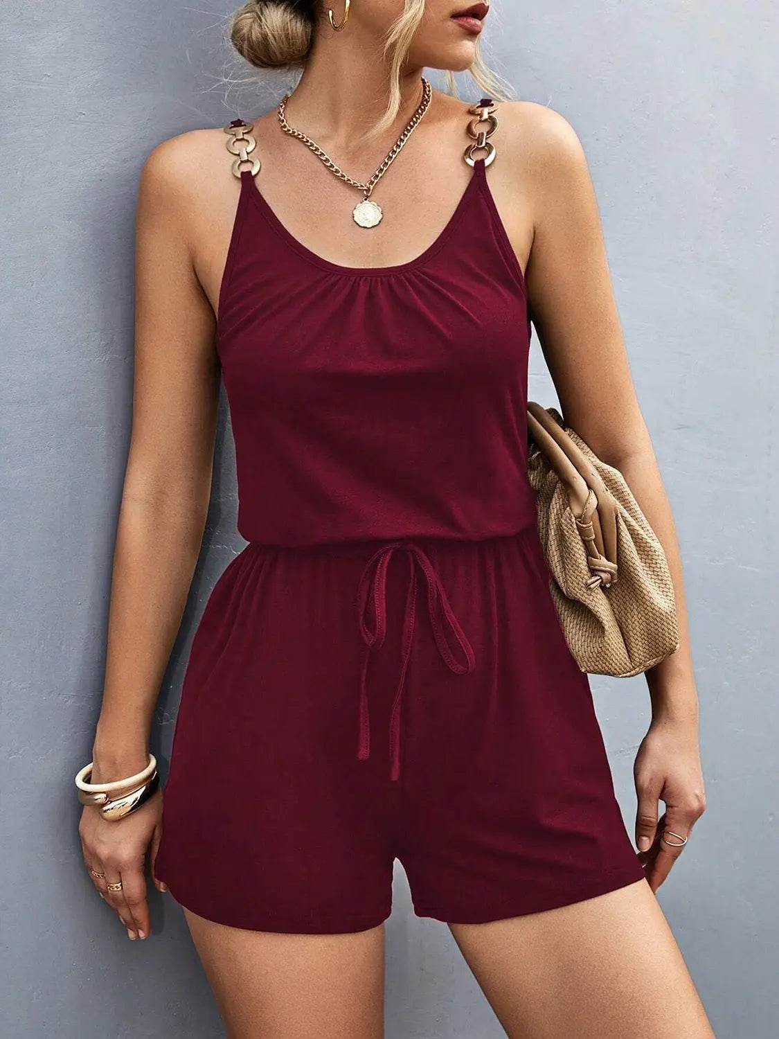 Pocketed Buckle Trim Scoop Neck Romper - Velveta Studio