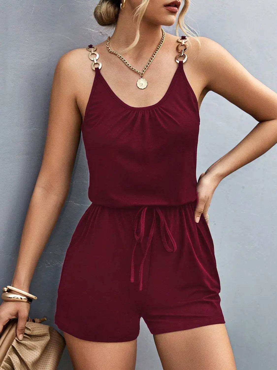 Pocketed Buckle Trim Scoop Neck Romper - Velveta Studio