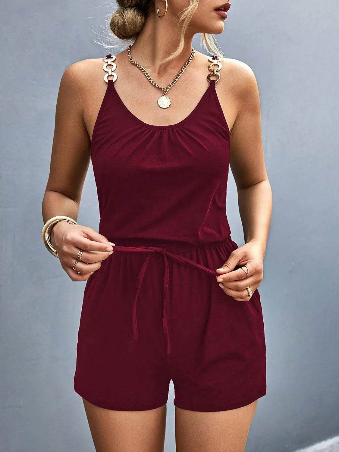 Pocketed Buckle Trim Scoop Neck Romper - Velveta Studio