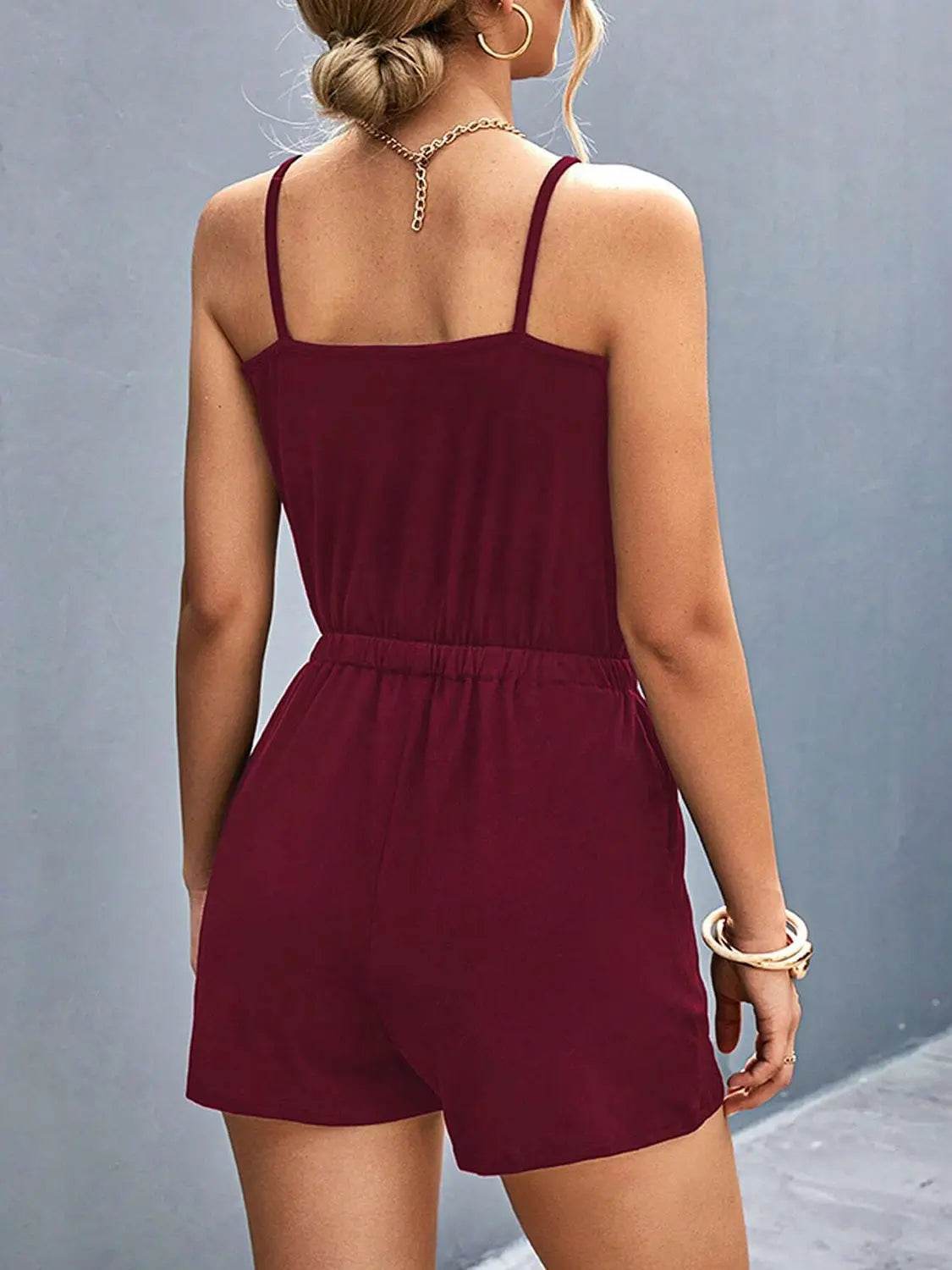 Pocketed Buckle Trim Scoop Neck Romper - Velveta Studio