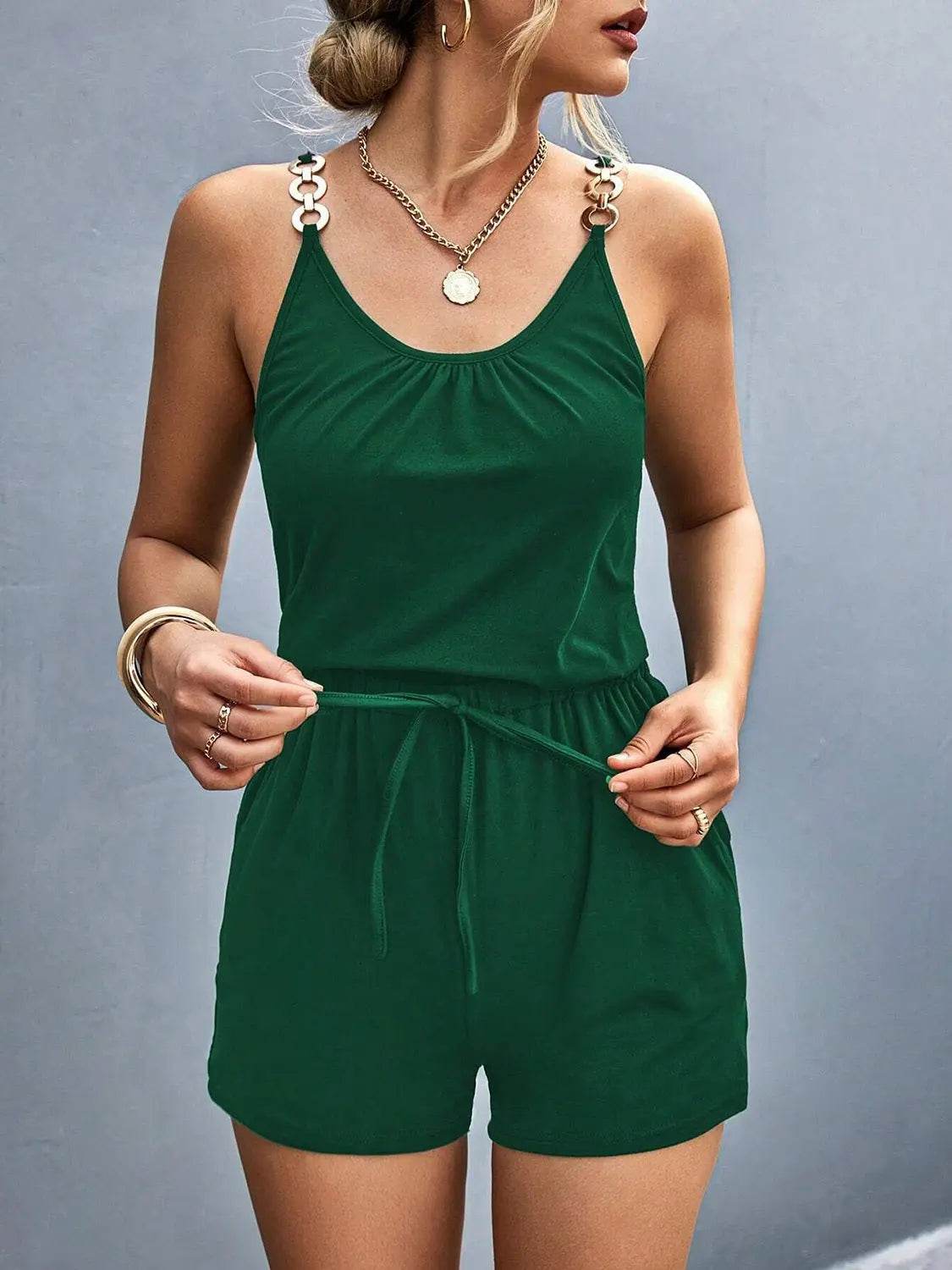 Pocketed Buckle Trim Scoop Neck Romper - Velveta Studio