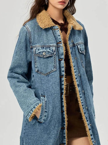 Pocketed Button Up Denim Jacket with Fur Lining - Velveta Studio