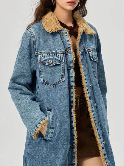 Pocketed Button Up Denim Jacket with Fur Lining - Velveta Studio