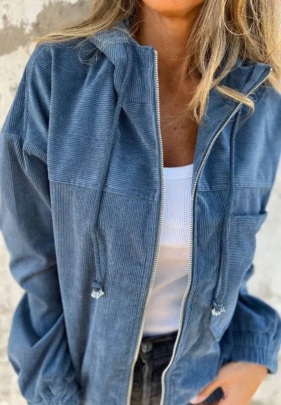 Pocketed Zip Up Long Sleeve Hooded Jacket - Velveta Studio