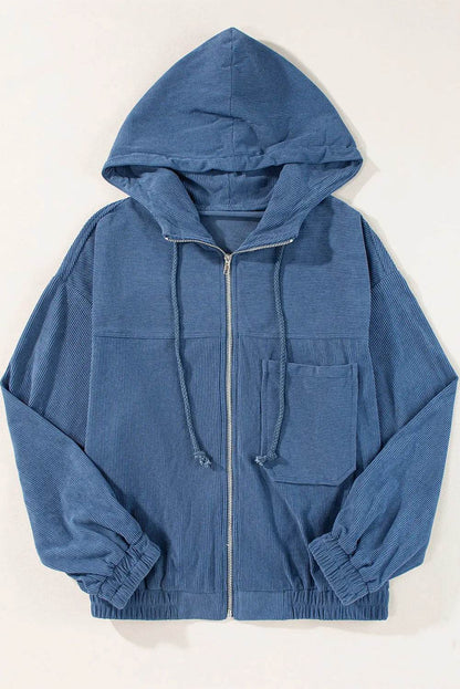 Pocketed Zip Up Long Sleeve Hooded Jacket - Velveta Studio