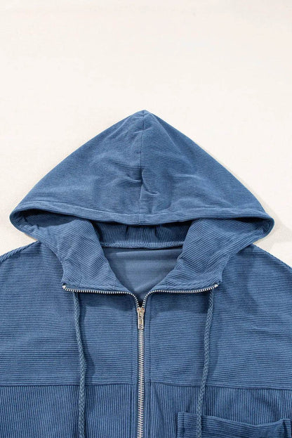 Pocketed Zip Up Long Sleeve Hooded Jacket - Velveta Studio
