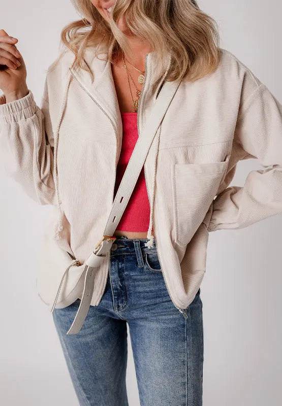 Pocketed Zip Up Long Sleeve Hooded Jacket - Velveta Studio