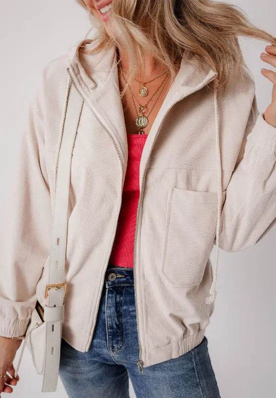 Pocketed Zip Up Long Sleeve Hooded Jacket - Velveta Studio