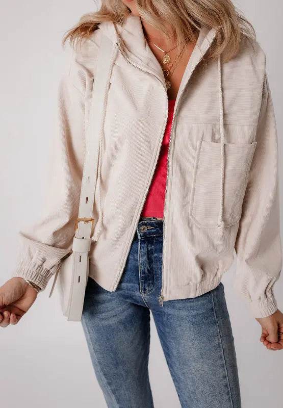 Pocketed Zip Up Long Sleeve Hooded Jacket - Velveta Studio