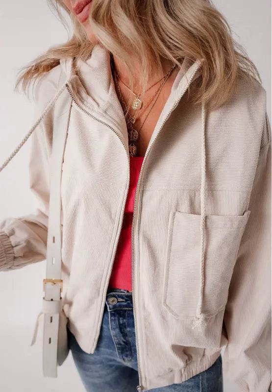 Pocketed Zip Up Long Sleeve Hooded Jacket - Velveta Studio