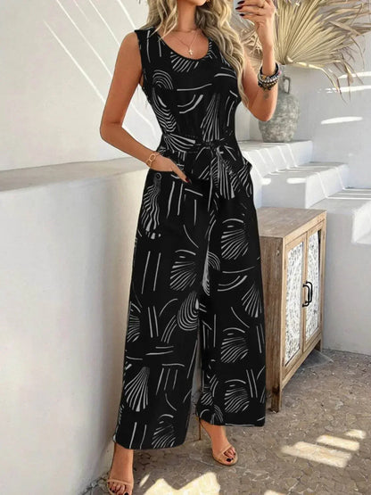 Printed Round Neck Sleeveless Tie Waist Jumpsuit - Velveta Studio