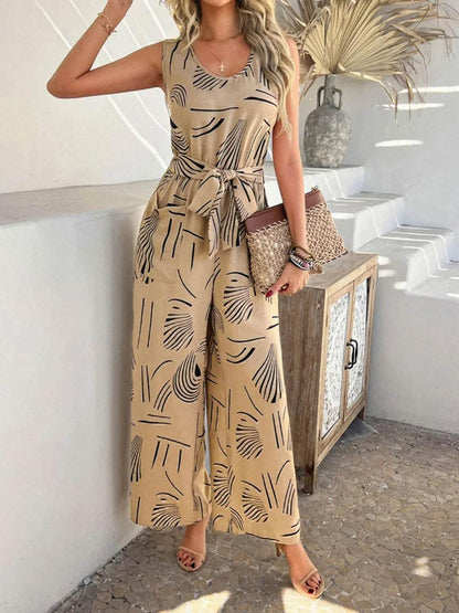 Printed Round Neck Sleeveless Tie Waist Jumpsuit - Velveta Studio