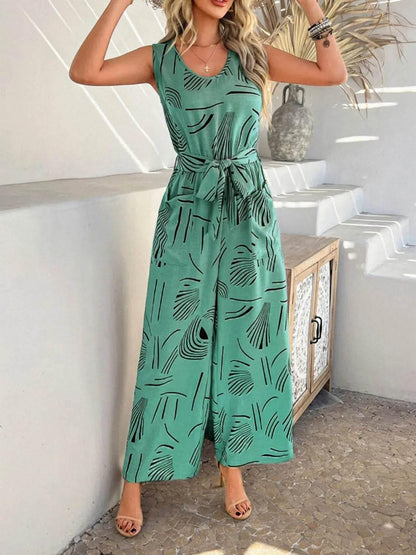 Printed Round Neck Sleeveless Tie Waist Jumpsuit - Velveta Studio