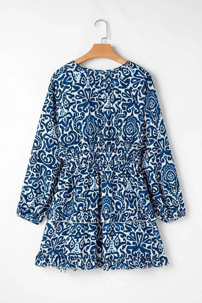 Printed Tie Neck Long Sleeve Dress - Velveta Studio