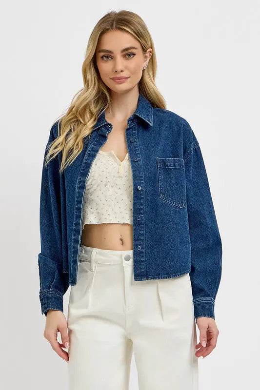 RISEN Button Up Long Sleeve Denim Shacket - Velveta Studio