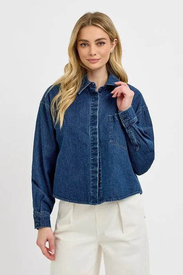 RISEN Button Up Long Sleeve Denim Shacket - Velveta Studio
