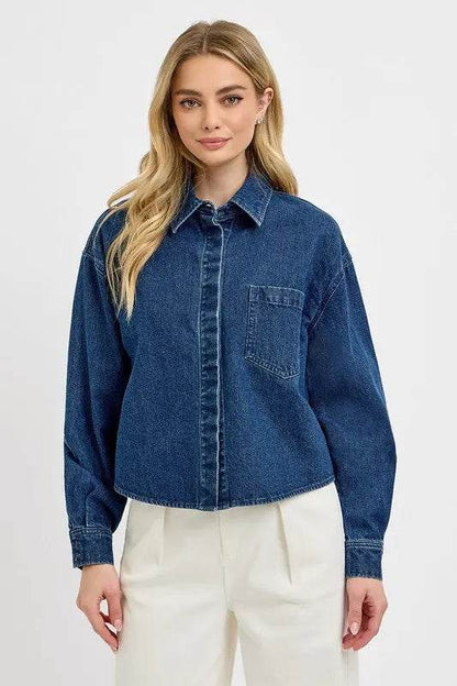 RISEN Button Up Long Sleeve Denim Shacket - Velveta Studio