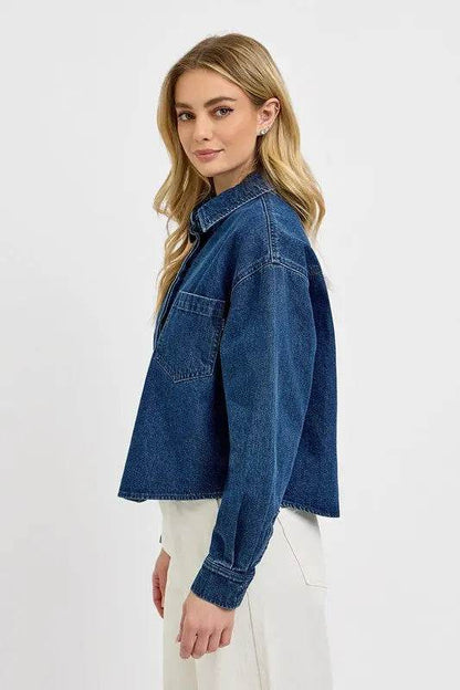 RISEN Button Up Long Sleeve Denim Shacket - Velveta Studio