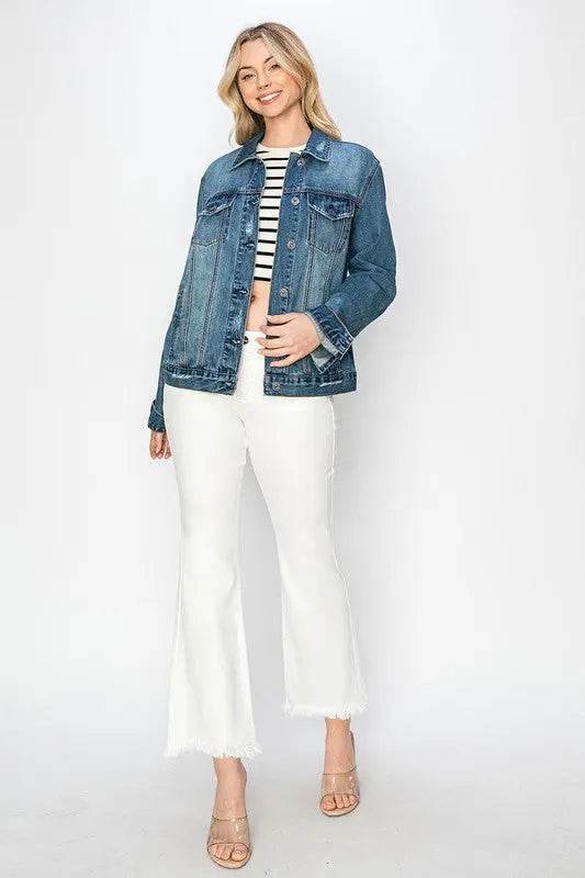RISEN Full Size Distressed Button Up Jacket - Velveta Studio