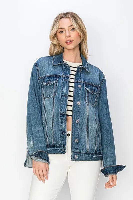 RISEN Full Size Distressed Button Up Jacket - Velveta Studio