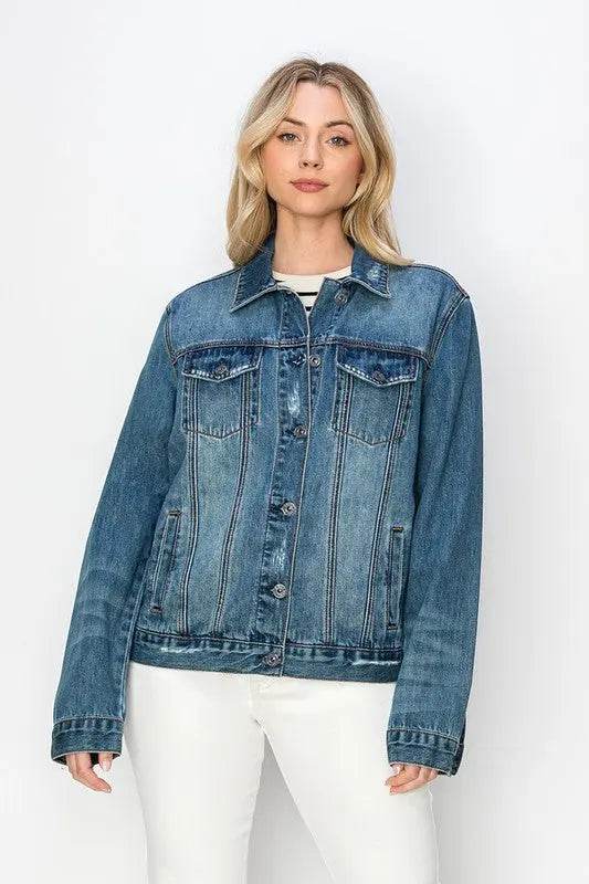 RISEN Full Size Distressed Button Up Jacket - Velveta Studio