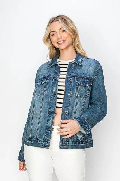 RISEN Full Size Distressed Button Up Jacket - Velveta Studio