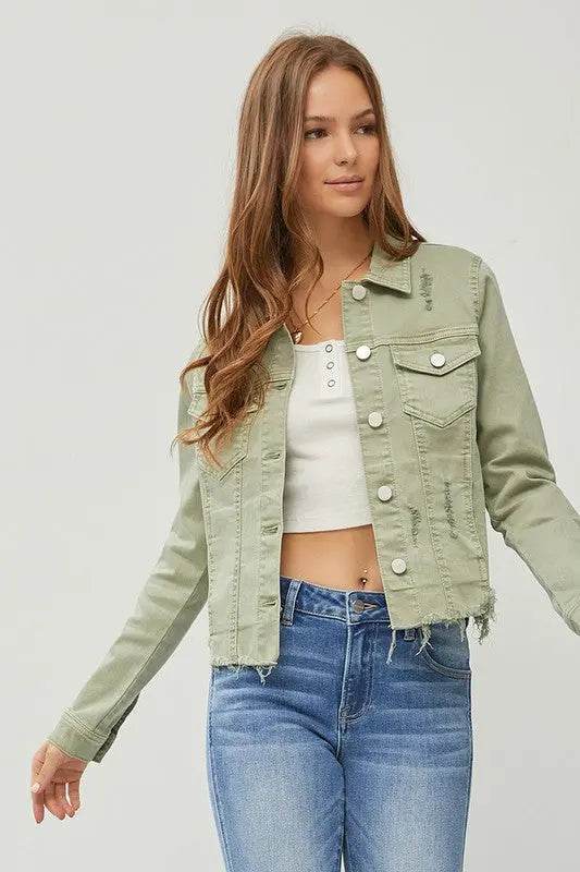 RISEN Full Size Raw Hem Button Up Cropped Denim Jacket Plus Size - Velveta Studio