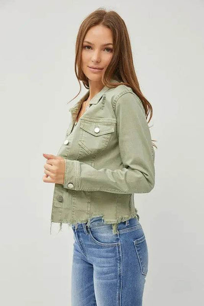 RISEN Full Size Raw Hem Button Up Cropped Denim Jacket Plus Size - Velveta Studio